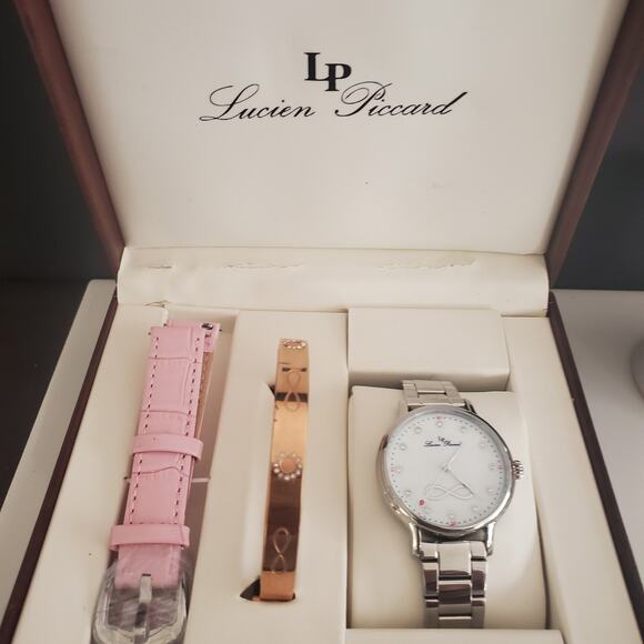 Lucien Piccard Eterno Silver Tone 40mm Watch and Bangle Set  Extra Strap NWOT - Picture 7 of 16